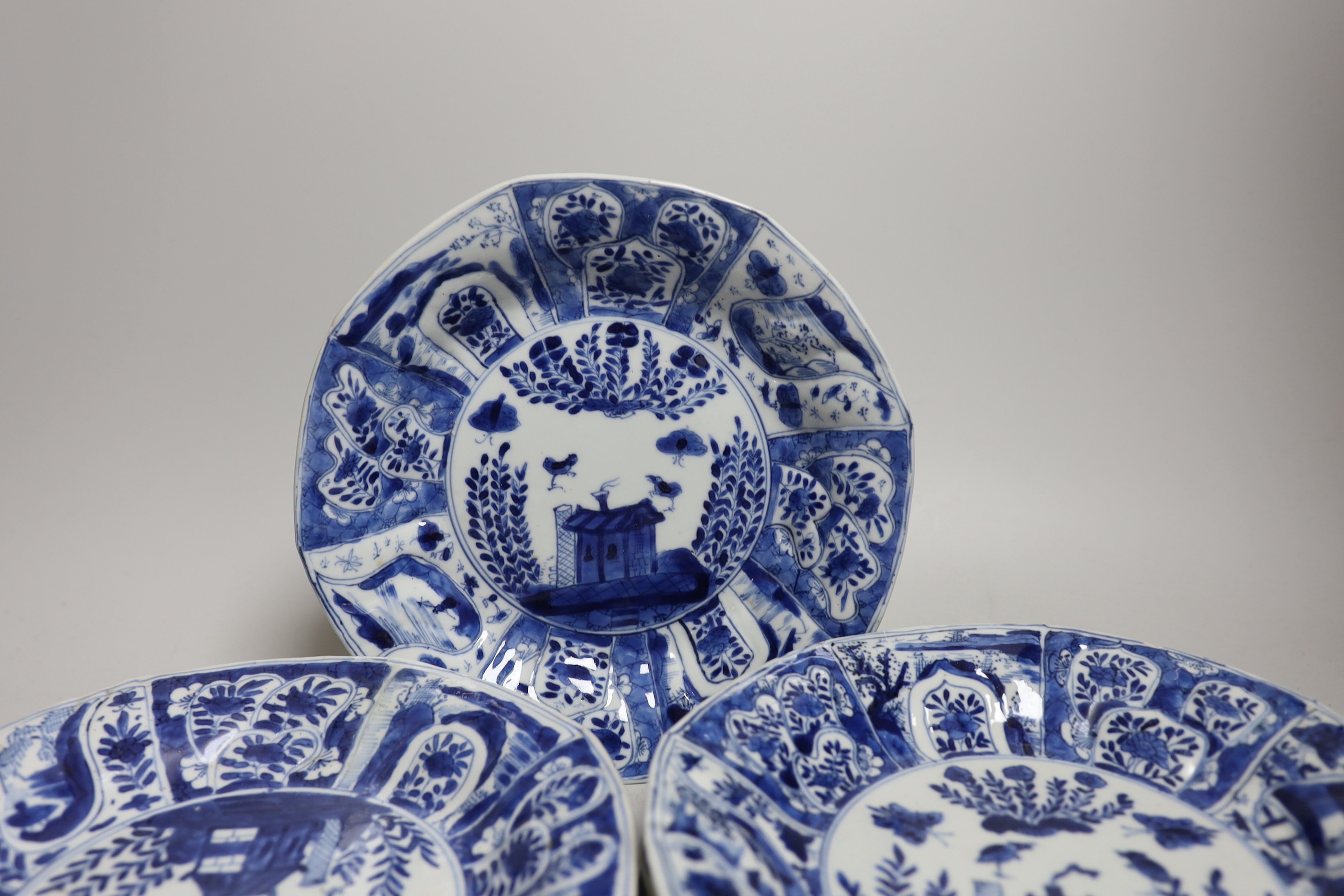 Eight Chinese blue and white octagonal plates, Kangxi period, 20.3 cm wide